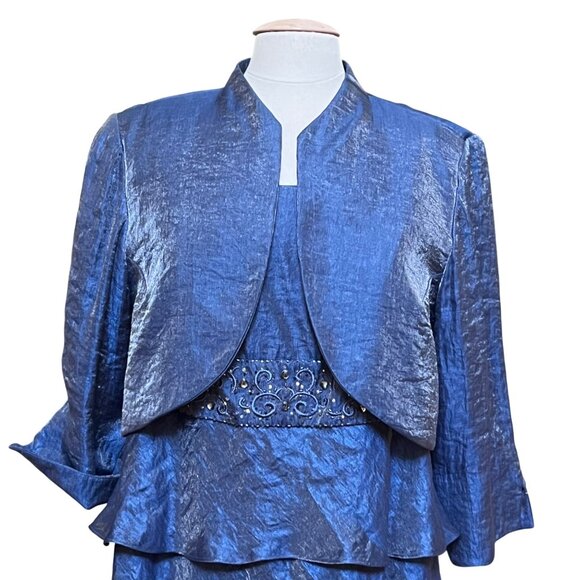 R&M Richards 2 Piece Blue Tiered Evening Gown Set 18W Shimmer Empire Bead Waist - Picture 3 of 14